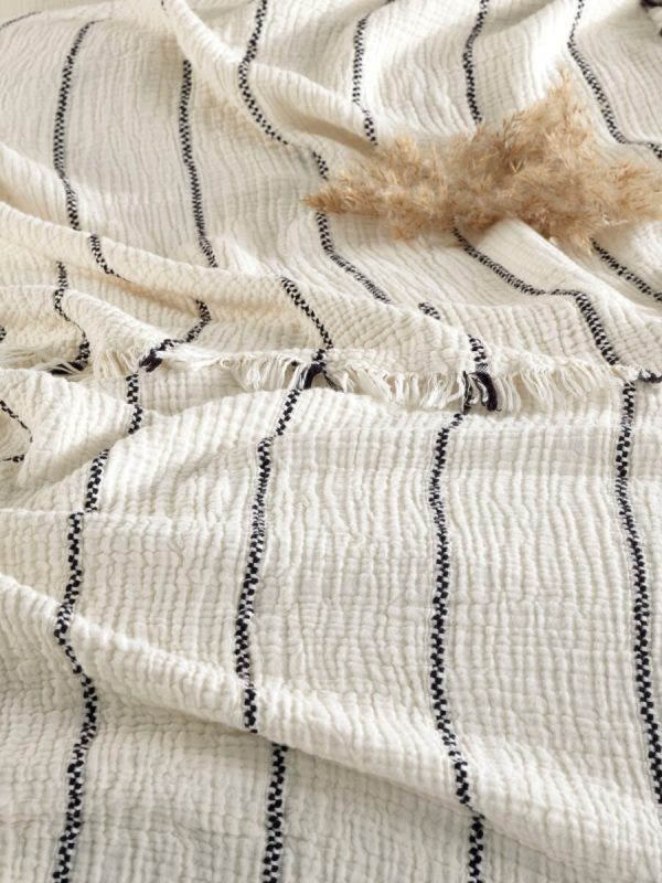 birlik1952 4 kat müslin çift kişilik yatak örtüsü bedspread swaddle 4 layer gauze multi muslin double gauze textile iplik boya cotton muslin siyah black stripe çizgili jaquard jakarlı troya striped