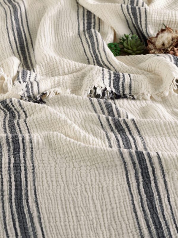 birlik1952 4 kat müslin çift kişilik yatak örtüsü bedspread swaddle 4 layer gauze multi muslin double gauze textile iplik boya cotton muslin siyah black stripe çizgili jaquard jakarlı french striped