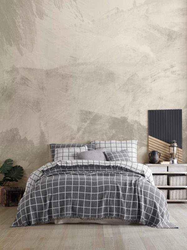 birlik1952 4 kat müslin çift kişilik yatak örtüsü bedspread swaddle 4 layer gauze multi muslin double gauze textile iplik boya cotton muslin siyah black stripe çizgili jaquard jakarlı kareli