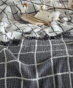 birlik1952 4 kat müslin çift kişilik yatak örtüsü bedspread swaddle 4 layer gauze multi muslin double gauze textile iplik boya cotton muslin siyah black stripe çizgili jaquard jakarlı kareli
