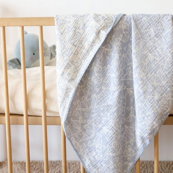 birlik1952 bebek battaniye jakarlı 3 kat müslin three layer jaquard swaddle blanket baby crinkle krinkle muslin fabric cotton dino dinozor origami geometrik mavi blue