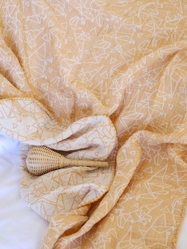 birlik1952 bebek battaniye jakarlı 3 kat müslin three layer jaquard swaddle blanket baby crinkle krinkle muslin fabric cotton dino dinozor origami geometrik sarı yellow