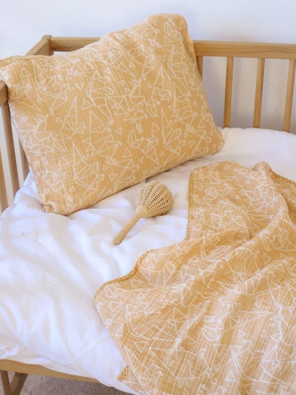 birlik1952 bebek battaniye jakarlı 3 kat müslin three layer jaquard swaddle blanket baby crinkle krinkle muslin fabric cotton dino dinozor origami geometrik sarı yellow