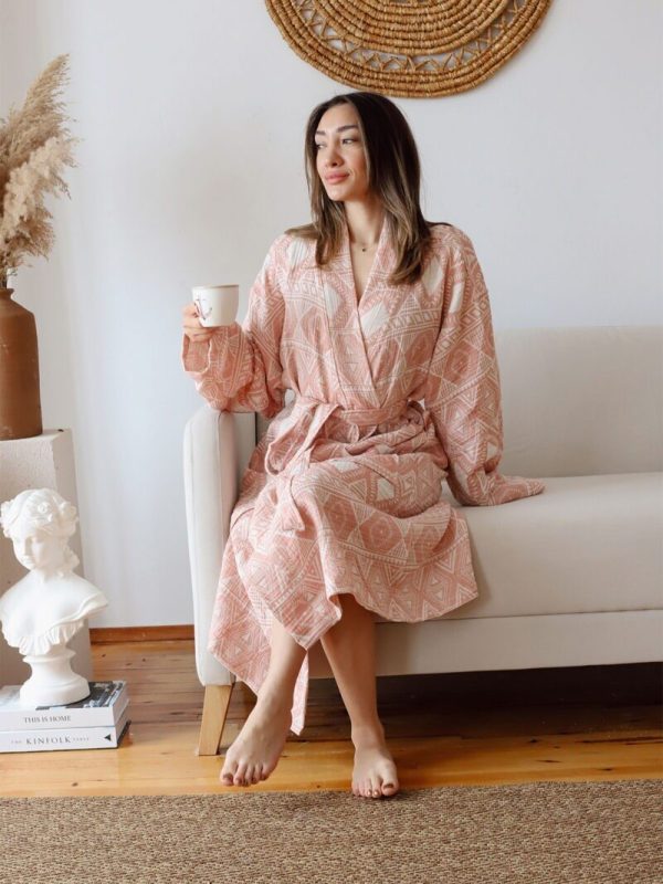 birlik1952 müslin robe bornoz 2 kat 3 kat 4 kat bathrobe 4 layer gauze kimono muslin beach jakarlı jaquard etnic terracota