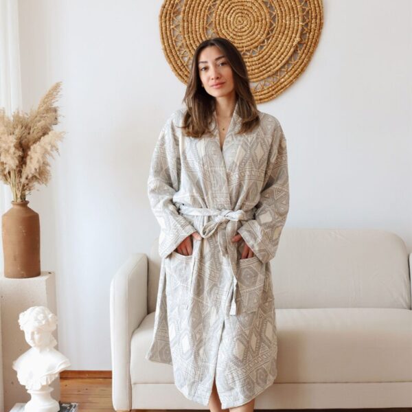 birlik1952 müslin robe bornoz 2 kat 3 kat 4 kat bathrobe 4 layer gauze kimono muslin beach jakarlı jaquard etnic gri grey
