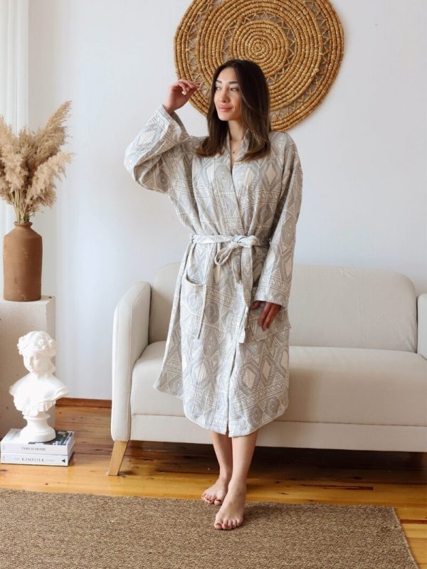 birlik1952 müslin robe bornoz 2 kat 3 kat 4 kat bathrobe 4 layer gauze kimono muslin beach jakarlı jaquard etnik gri grey etnic