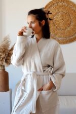 birlik1952 müslin robe bornoz 2 kat 3 kat 4 kat bathrobe 4 layer gauze kimono muslin beach açık bej sand