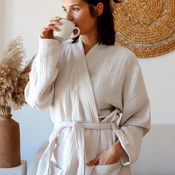 birlik1952 müslin robe bornoz 2 kat 3 kat 4 kat bathrobe 4 layer gauze kimono muslin beach açık bej sand