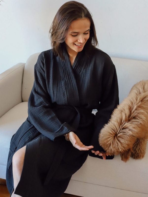 birlik1952 müslin robe bornoz 2 kat 3 kat 4 kat bathrobe 4 layer gauze kimono muslin beach siyah black