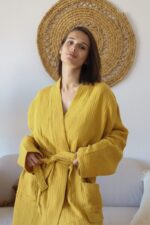birlik1952 müslin robe bornoz 2 kat 3 kat 4 kat bathrobe 4 layer gauze kimono muslin beach hardal sarı yellow