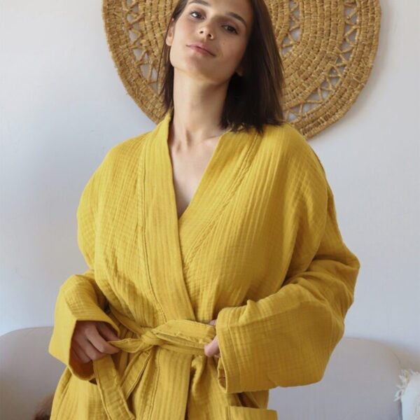birlik1952 müslin robe bornoz 2 kat 3 kat 4 kat bathrobe 4 layer gauze kimono muslin beach hardal sarı yellow