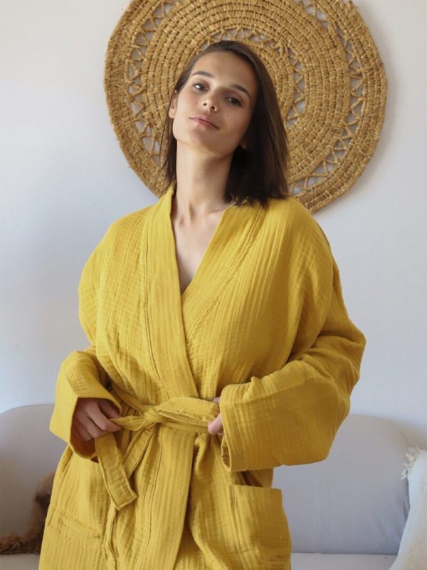 birlik1952 müslin robe bornoz 2 kat 3 kat 4 kat bathrobe 4 layer gauze kimono muslin beach hardal sarı yellow