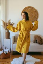 birlik1952 müslin robe bornoz 2 kat 3 kat 4 kat bathrobe 4 layer gauze kimono muslin beach hardal sarı yellow