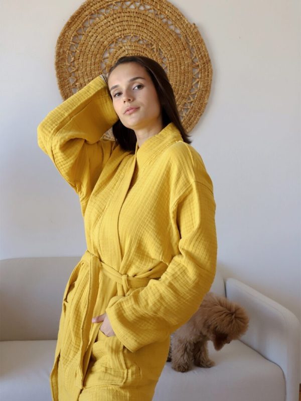 birlik1952 müslin robe bornoz 2 kat 3 kat 4 kat bathrobe 4 layer gauze kimono muslin beach hardal sarı yellow
