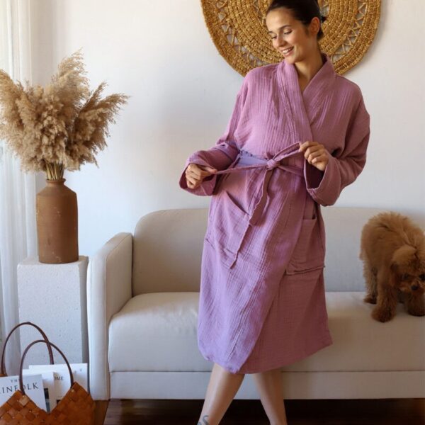 birlik1952 müslin robe bornoz 2 kat 3 kat 4 kat bathrobe 4 layer gauze kimono muslin beach mürdüm violet