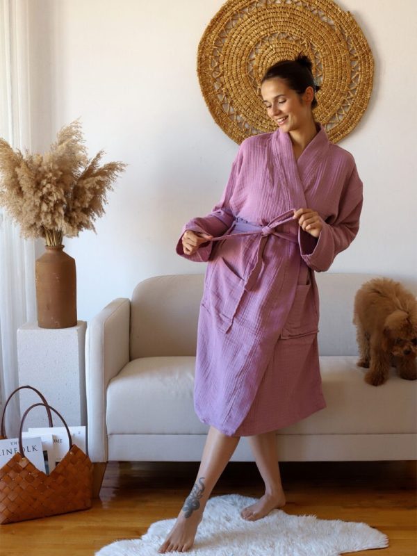 birlik1952 müslin robe bornoz 2 kat 3 kat 4 kat bathrobe 4 layer gauze kimono muslin beach mürdüm violet