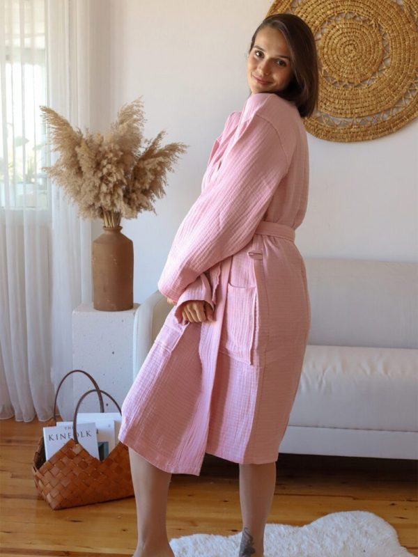 birlik1952 müslin robe bornoz 2 kat 3 kat 4 kat bathrobe 4 layer gauze kimono muslin beach pembe pink