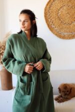birlik1952 müslin robe bornoz 2 kat 3 kat 4 kat bathrobe 4 layer gauze kimono muslin beach royal yeşil kraliyet green