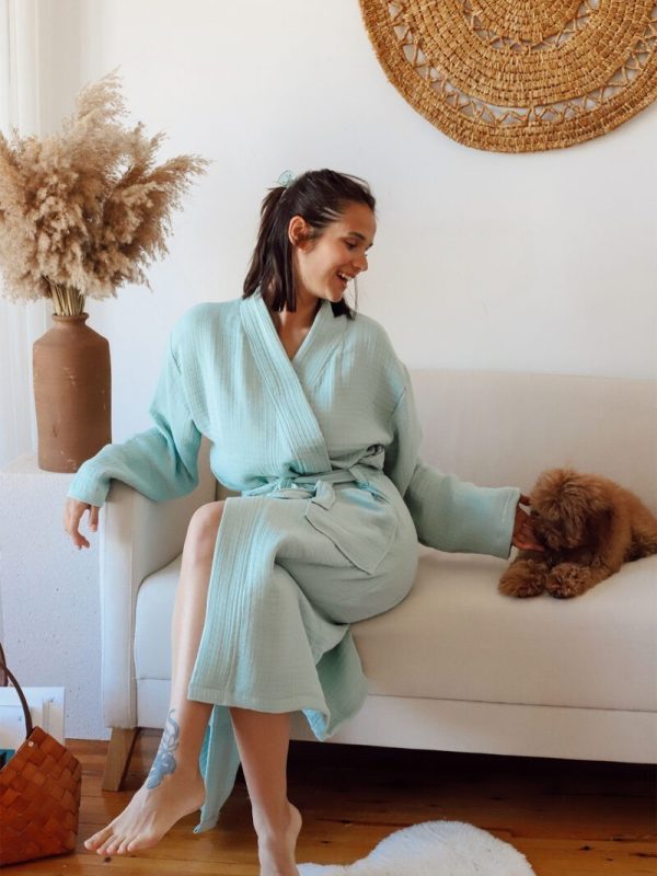 birlik1952 müslin robe bornoz 2 kat 3 kat 4 kat bathrobe 4 layer gauze kimono muslin beach adaçayı yeşil sage green