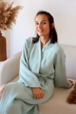 birlik1952 müslin robe bornoz 2 kat 3 kat 4 kat bathrobe 4 layer gauze kimono muslin beach adaçayı yeşil sage green
