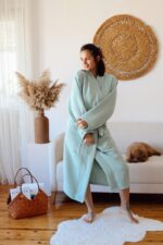 birlik1952 müslin robe bornoz 2 kat 3 kat 4 kat bathrobe 4 layer gauze kimono muslin beach adaçayı yeşil sage green