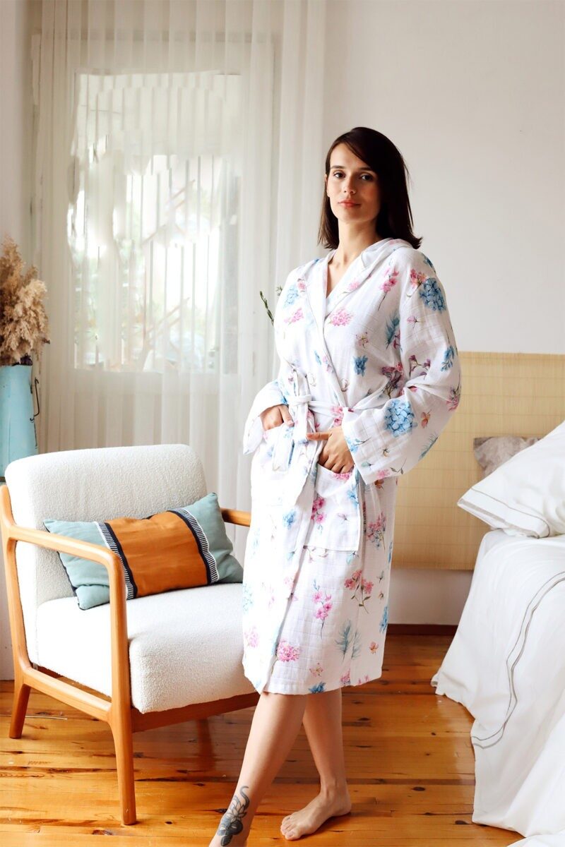 birlik1952 müslin robe bornoz 2 kat 3 kat 4 kat bathrobe 4 gauze kimono muslin ortanca hydregena