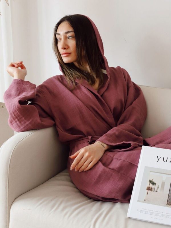 birlik1952 müslin bornoz 2 kat 3 kat 4 kat bathrobe 4 gauze kimono mürdüm violet menekşe mor gül kurusu