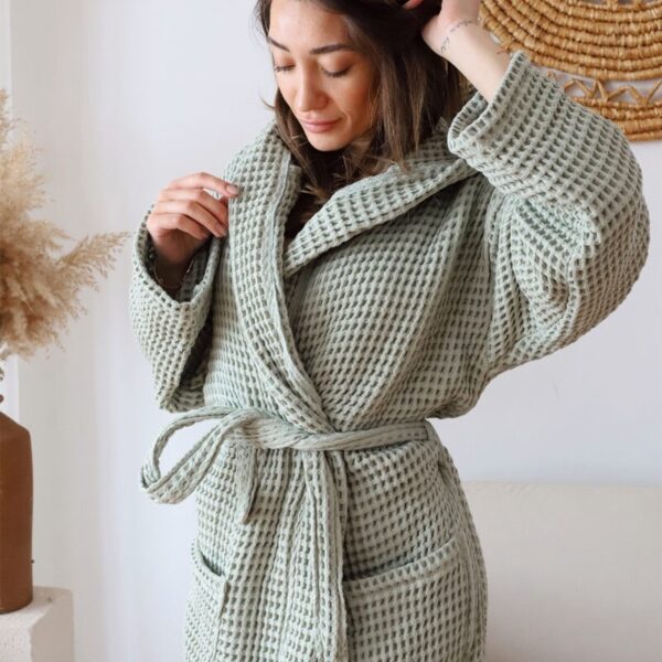 birlik1952 waffle pique pike kumaş fabric cotton turkish robe bathrobe bornoz otel spa textile whosale adaçayı yeşil sage green