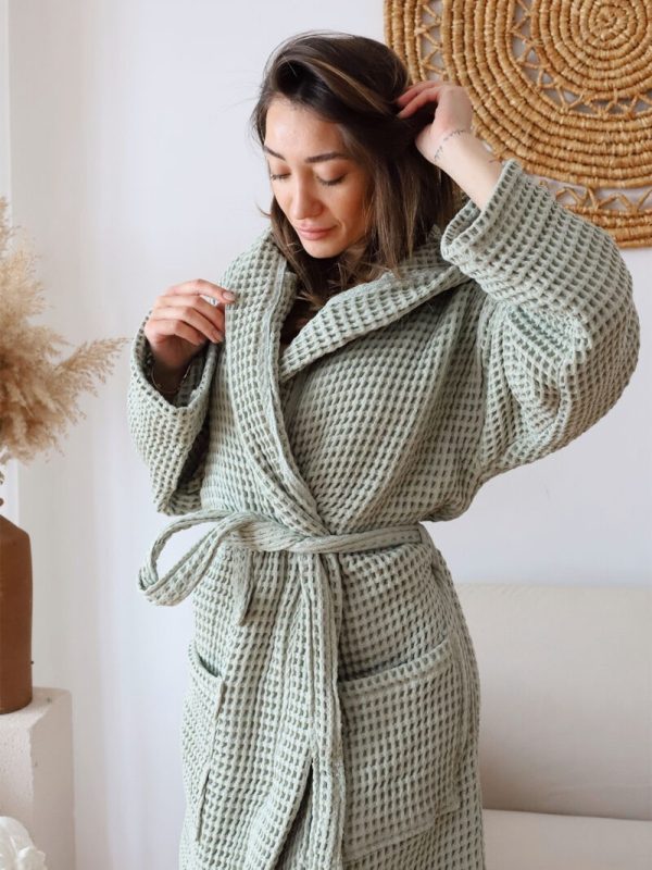birlik1952 waffle pique pike kumaş fabric cotton turkish robe bathrobe bornoz otel spa textile whosale adaçayı yeşil sage green