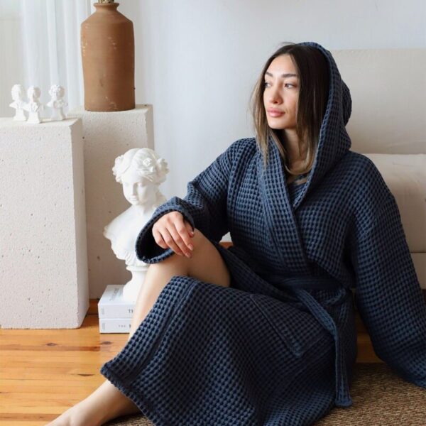 birlik1952 waffle pique pike kumaş fabric cotton turkish robe bathrobe bornoz otel spa textile whosale indigo mavi blue