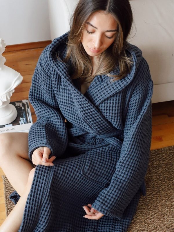 birlik1952 waffle pique pike kumaş fabric cotton turkish robe bathrobe bornoz otel spa textile whosale indigo mavi blue
