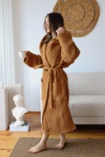birlik1952 waffle pique pike kumaş fabric cotton turkish robe bathrobe bornoz otel spa textile whosale caramel karamel toprak taba