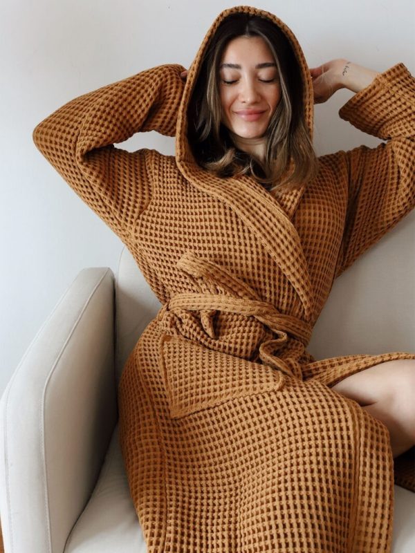 birlik1952 waffle pique pike kumaş fabric cotton turkish robe bathrobe bornoz otel spa textile whosale caramel karamel toprak taba