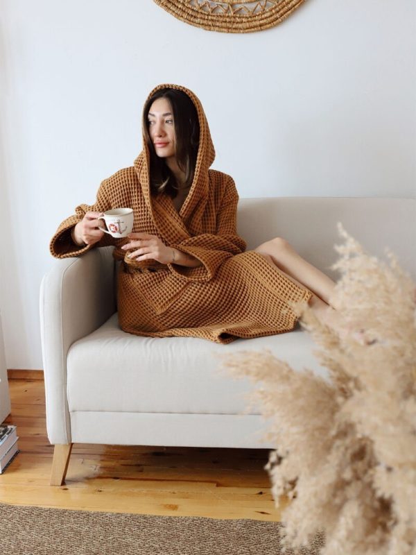 birlik1952 waffle pique pike kumaş fabric cotton turkish robe bathrobe bornoz otel spa textile whosale caramel karamel toprak taba