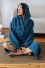 birlik1952 waffle pique pike kumaş fabric cotton turkish robe bathrobe bornoz otel spa textile whosale petrol mavi