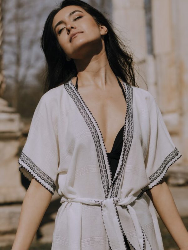 birlik1952 kenevir taş baskı ağaç wood print robe bathrobe cannibis bornoz keten linen dantelli siyah kimono