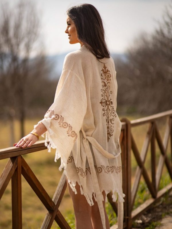 birlik1952 kenevir taş baskı ağaç wood print robe bathrobe cannibis bornoz keten linen kahverengi brown kimono