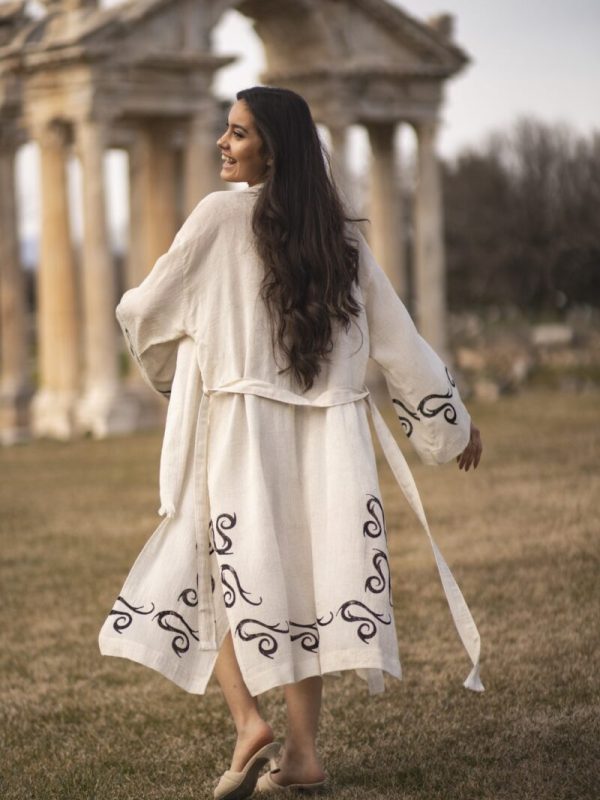 birlik1952 kenevir taş baskı ağaç wood print robe bathrobe cannibis bornoz keten linen kahverengi brown kimono h desen