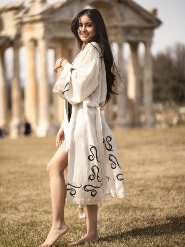 birlik1952 kenevir taş baskı ağaç wood print robe bathrobe cannibis bornoz keten linen kahverengi brown kimono h desen