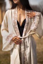 birlik1952 kenevir taş baskı ağaç wood print robe bathrobe cannibis bornoz keten linen kahverengi brown kimono uzun kollu