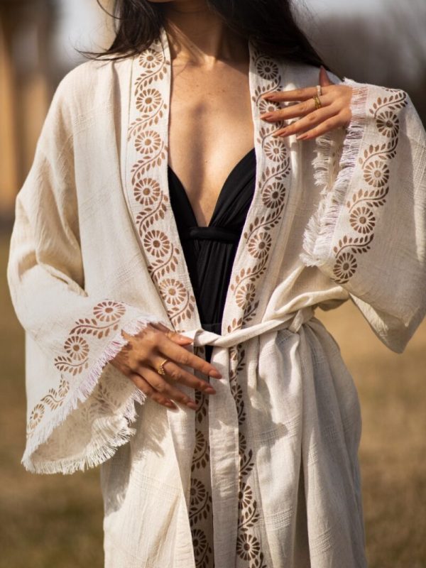 birlik1952 kenevir taş baskı ağaç wood print robe bathrobe cannibis bornoz keten linen kahverengi brown kimono uzun kollu