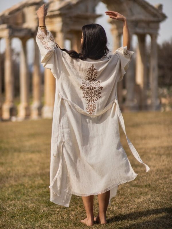 birlik1952 kenevir taş baskı ağaç wood print robe bathrobe cannibis bornoz keten linen kahverengi brown kimono uzun kollu