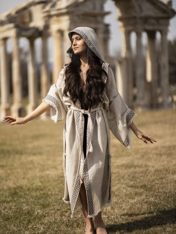 birlik1952 kenevir taş baskı ağaç wood print robe bathrobe cannibis bornoz keten linen siyah black kimono uzun kollu geometrik