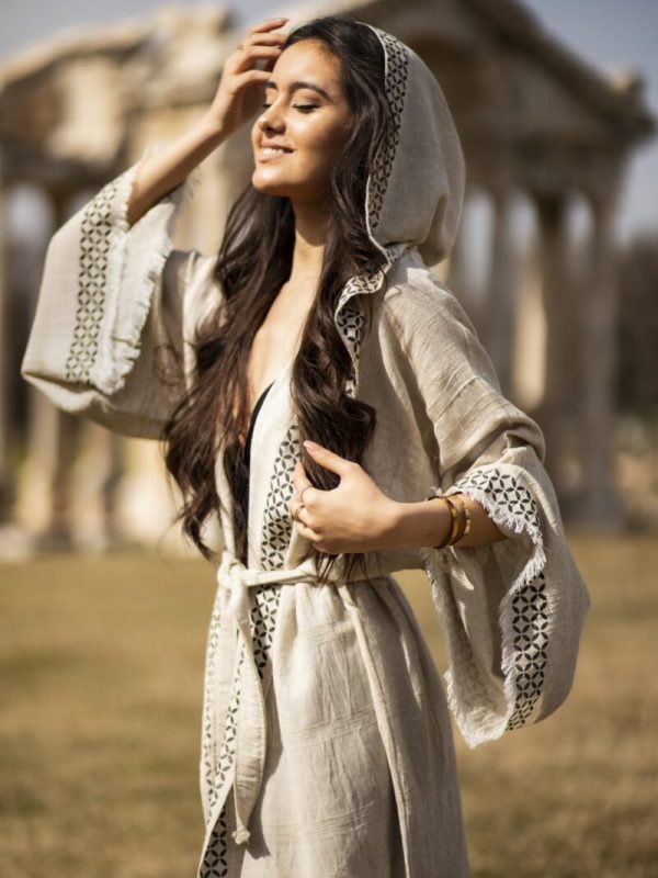 birlik1952 kenevir taş baskı ağaç wood print robe bathrobe cannibis bornoz keten linen siyah black kimono uzun kollu geometrik