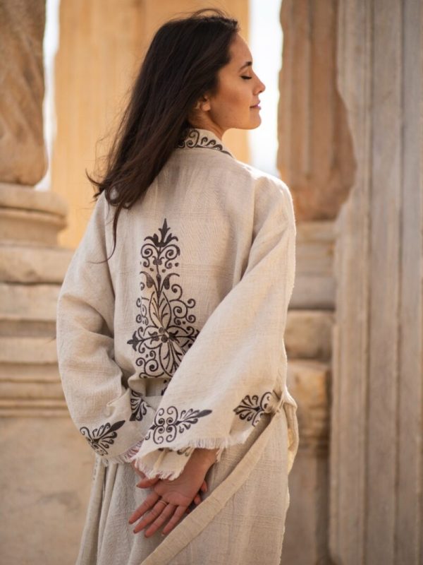 birlik1952 kenevir taş baskı ağaç wood print robe bathrobe cannibis bornoz keten linen siyah black oriental kimono uzun kollu