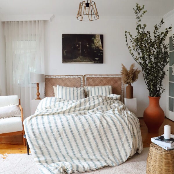 birlik1952 iplik boya pamuk keten nevresim takımı bed linen set chambray stripe çizgili gallarte mavi yesil green blue