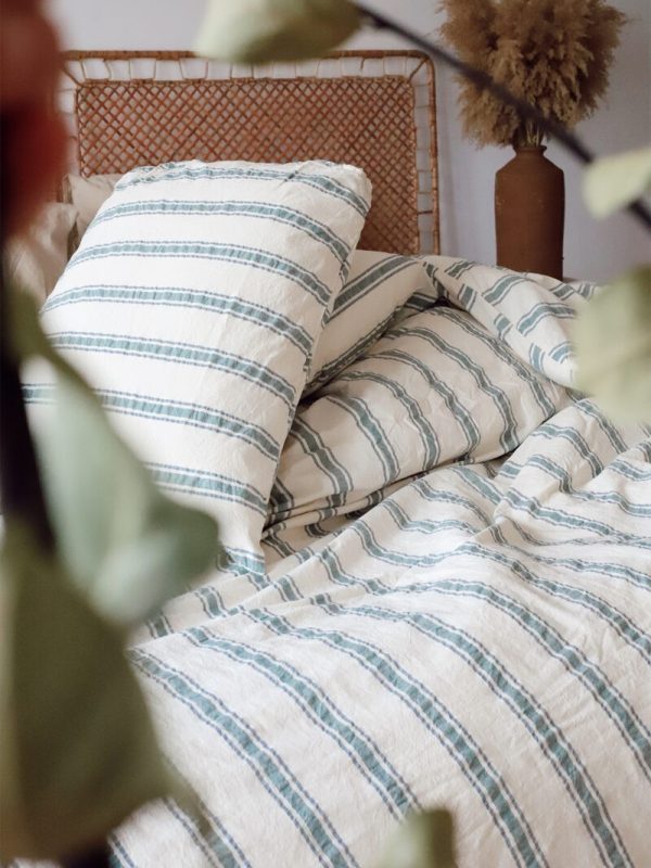 birlik1952 iplik boya pamuk keten nevresim takımı bed linen set chambray stripe çizgili gallarte mavi yesil green blue