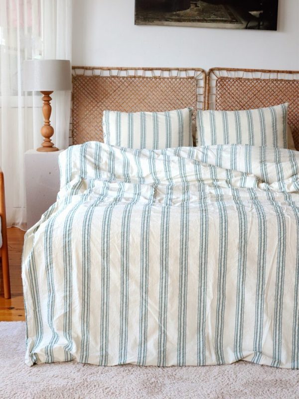 birlik1952 iplik boya pamuk keten nevresim takımı bed linen set chambray stripe çizgili toscana royal yeşil green