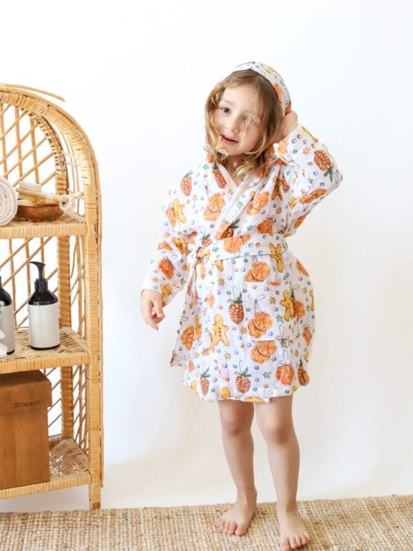 birlik1952 2 kat müslin kumaş gauze bathrobe robe bornoz baby child baskılı printed whosale toptan tekstil denizli portakal christmas orange cookie