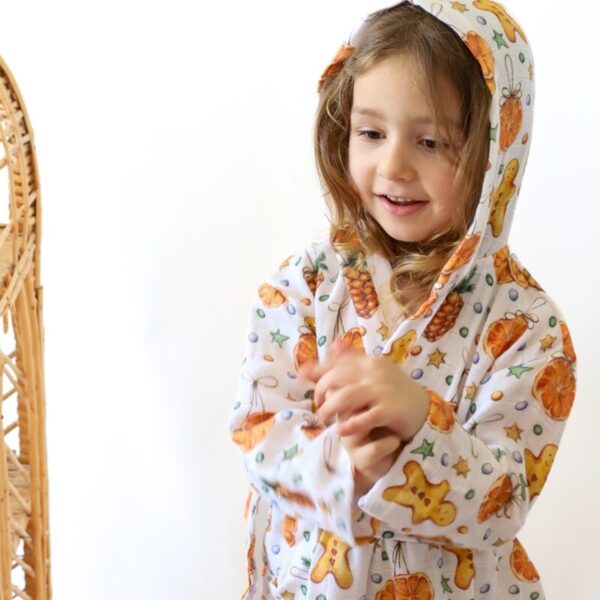 birlik1952 2 kat müslin kumaş gauze bathrobe robe bornoz baby child baskılı printed whosale toptan tekstil denizli portakal christmas orange cookie